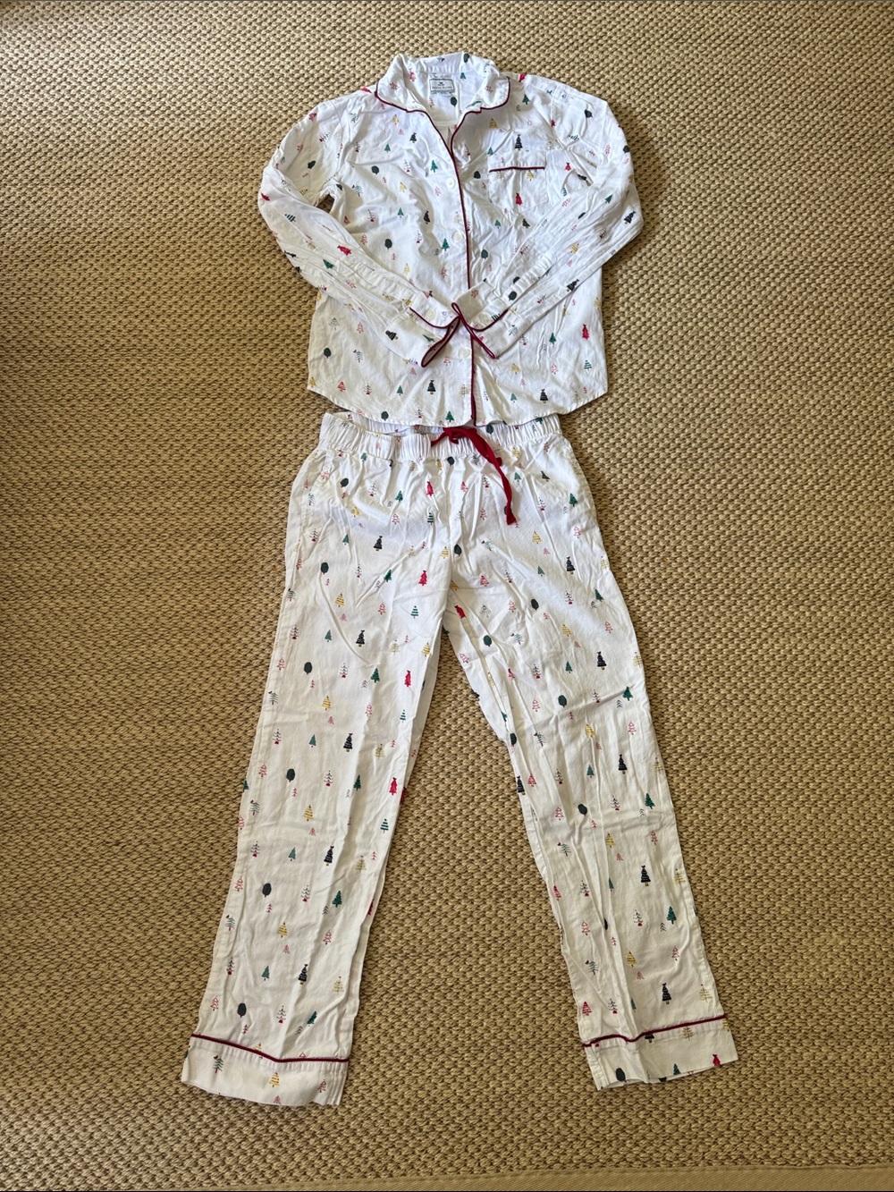 Women’s White Holiday Tree Print Pajama Set with Red Trim